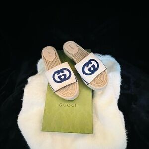 Gucci Beige and Navy Espadrille Slides